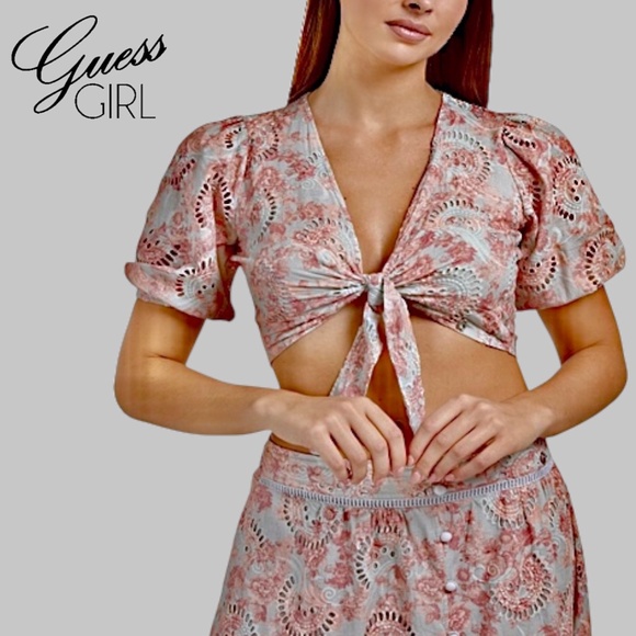 NWT GUESS Silvia Tie-Front Puff Sleeve Embroidered Eyelet Cotton Crop Top/XL - Picture 5 of 16